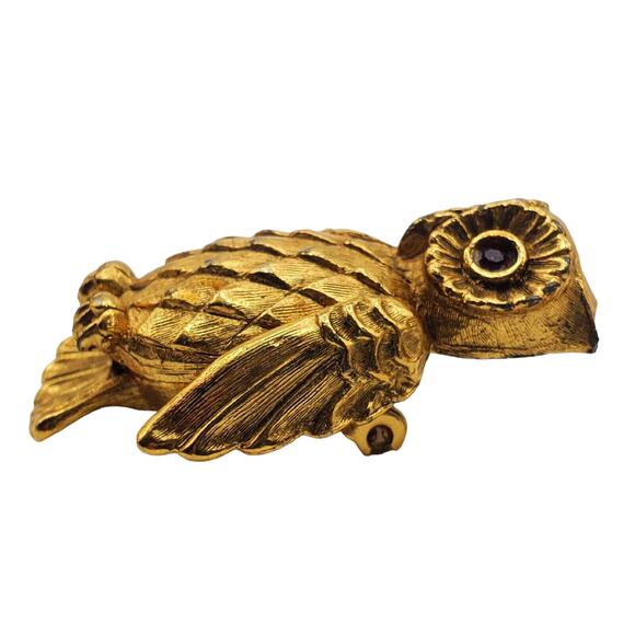 Gold Tone Owl Solid Perfume Pin Vonda Bird Brooch Red Eyes Vtg Nature Inspired - Picture 3 of 5